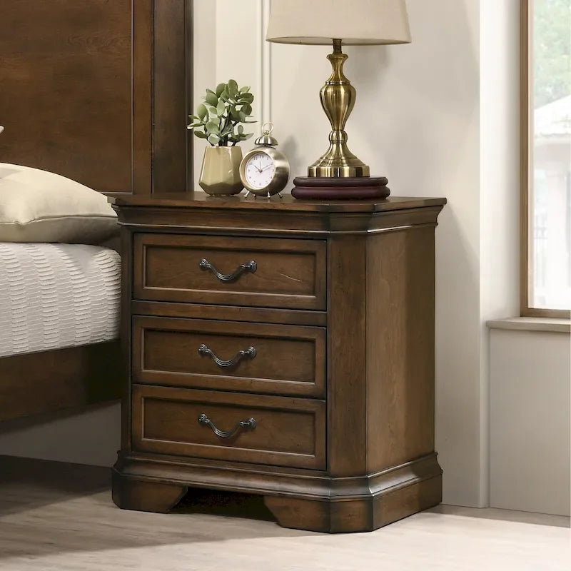Lit traditionnel Maderne en panneaux de bois avec commode, miroir, table de nuit, finition noyer antique