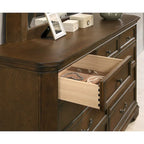 Lit traditionnel Maderne en panneaux de bois avec commode, miroir, table de nuit, finition noyer antique