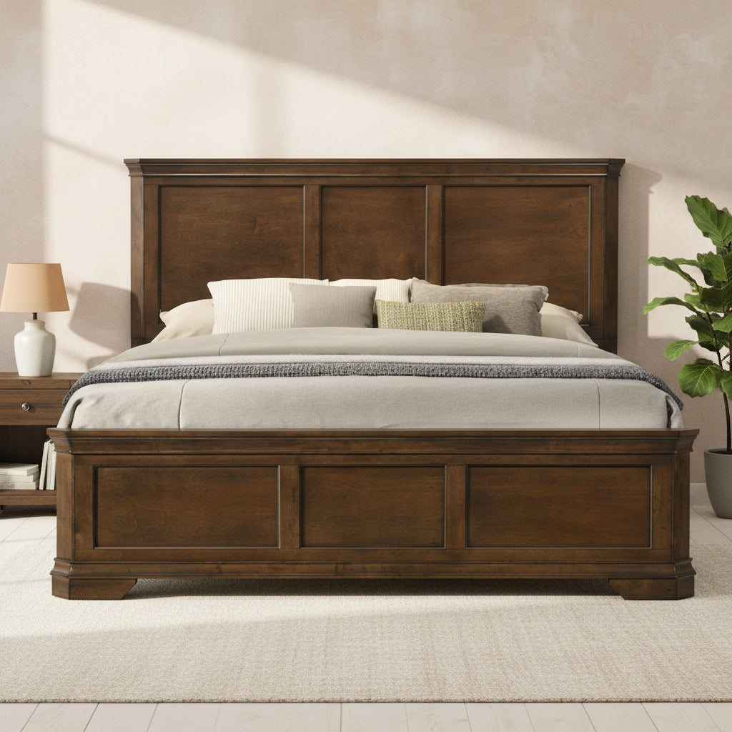 Lit traditionnel Maderne en panneaux de bois avec commode, miroir, table de nuit, finition noyer antique