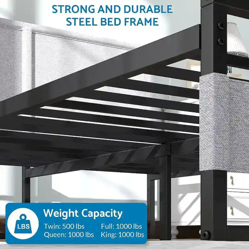 Cadre de lit plateforme en métal avec tête de lit, sommier à lattes en acier robuste, aucun sommier tapissier requis, silencieux et moderne