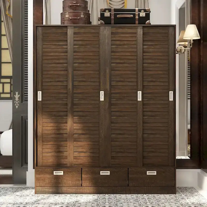 Closet Cabinet Wardrobe Armoire with Drawers, Hanging Rod Brown