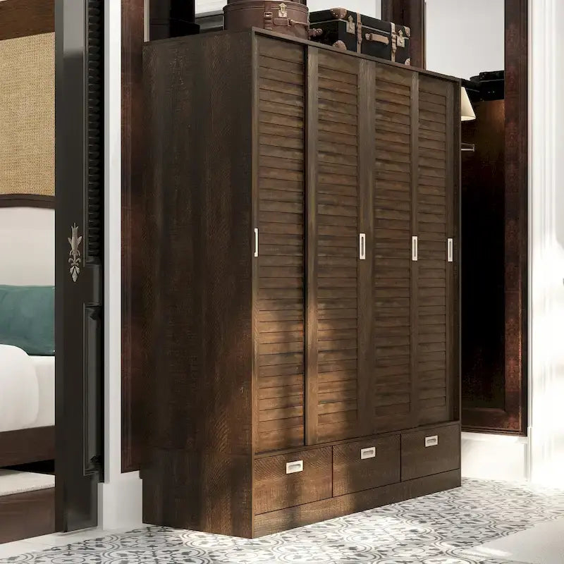 Armoire à portes battantes avec tiroirs et tringle à vêtements, marron