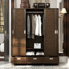Armoire à portes battantes avec tiroirs et tringle à vêtements, marron
