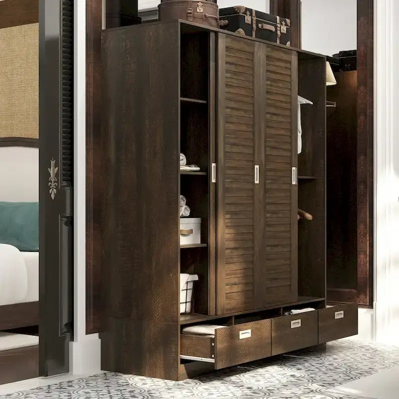 Armoire à portes battantes avec tiroirs et tringle à vêtements, marron