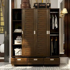 Armoire à portes battantes avec tiroirs et tringle à vêtements, marron