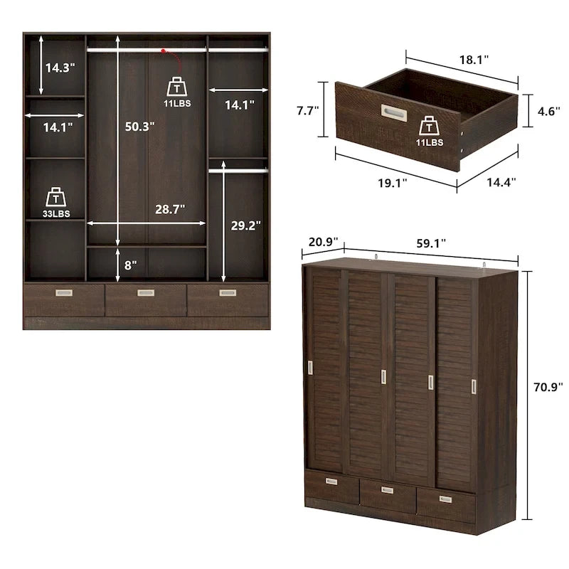 Armoire à portes battantes avec tiroirs et tringle à vêtements, marron