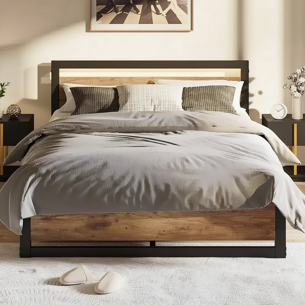 Bed Frame Platform with Headboard, No Box Spring Needed, Load Up to 700Lbs, Rustic Brown