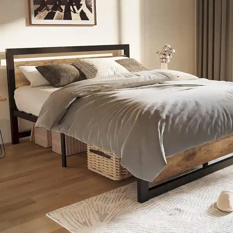 Base de lit plateforme avec tête de lit, aucun sommier tapissier requis, charge maximale de 317 kg, marron rustique