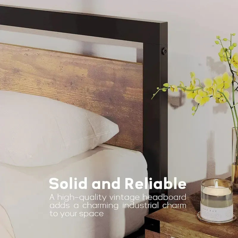 Base de lit plateforme avec tête de lit, aucun sommier tapissier requis, charge maximale de 317 kg, marron rustique