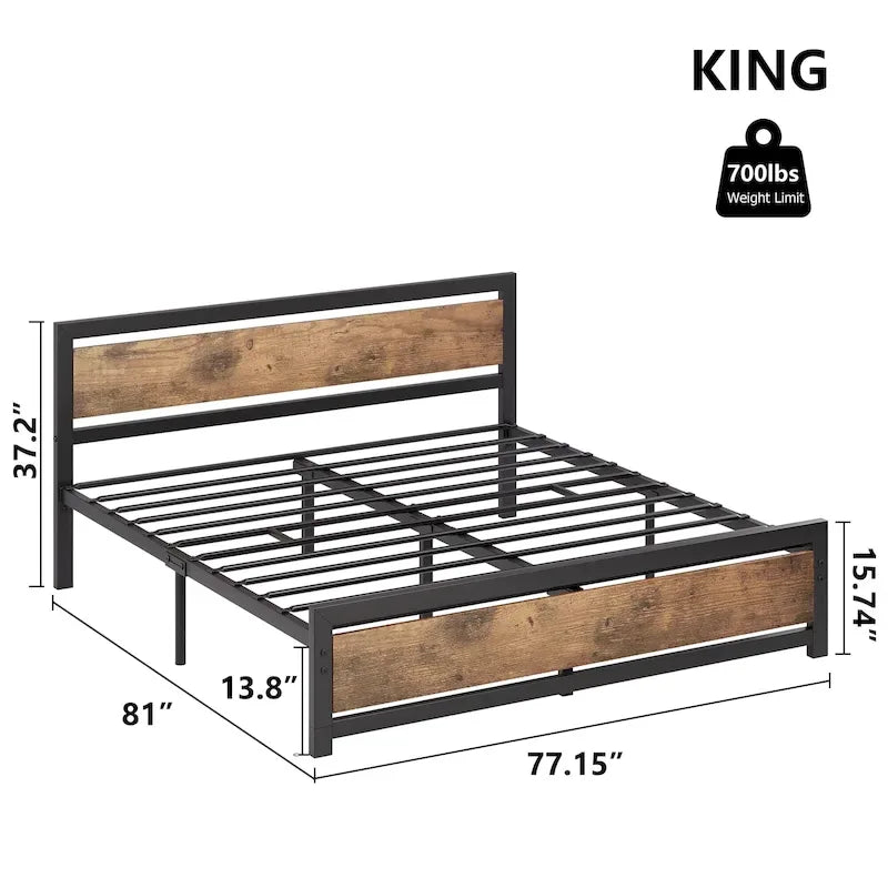 Base de lit plateforme avec tête de lit, aucun sommier tapissier requis, charge maximale de 317 kg, marron rustique