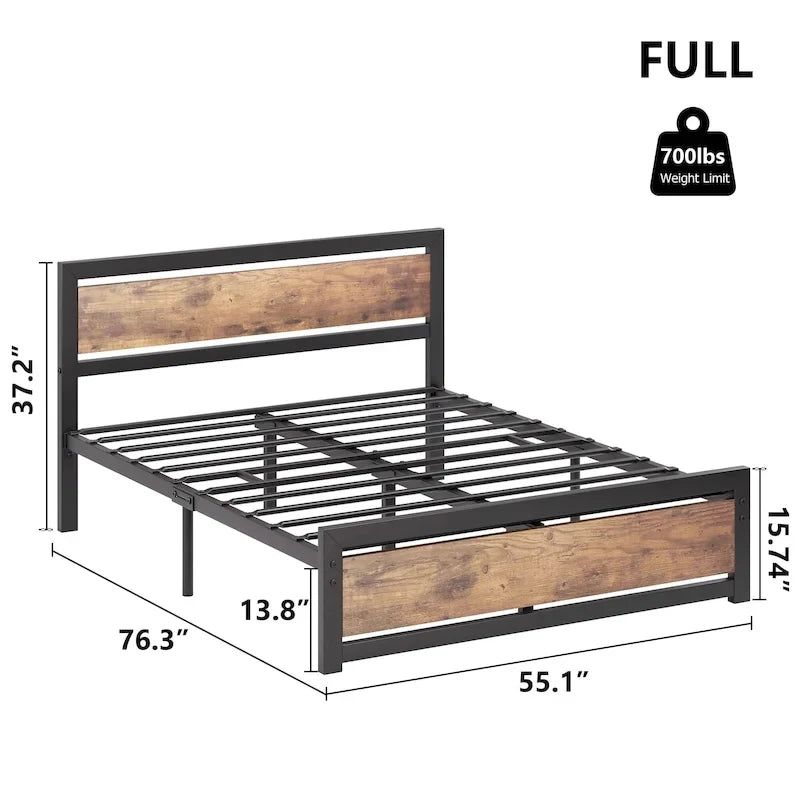 Base de lit plateforme avec tête de lit, aucun sommier tapissier requis, charge maximale de 317 kg, marron rustique
