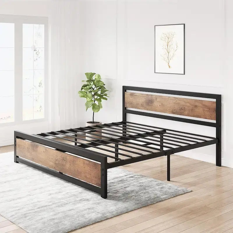 Base de lit plateforme avec tête de lit, aucun sommier tapissier requis, charge maximale de 317 kg, marron rustique