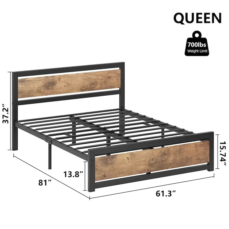 Base de lit plateforme avec tête de lit, aucun sommier tapissier requis, charge maximale de 317 kg, marron rustique