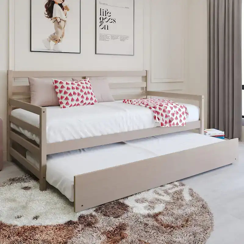 Lit de repos double en bois rustique avec lit gigogne