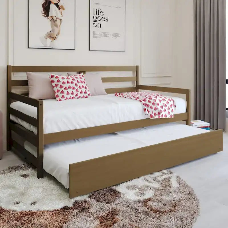 Lit de repos double en bois rustique avec lit gigogne