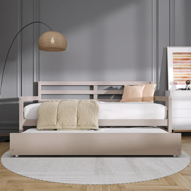 Lit de repos double en bois rustique avec lit gigogne