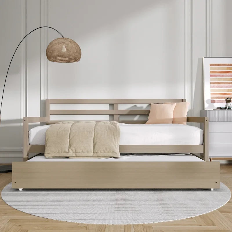 Lit de repos double en bois rustique avec lit gigogne