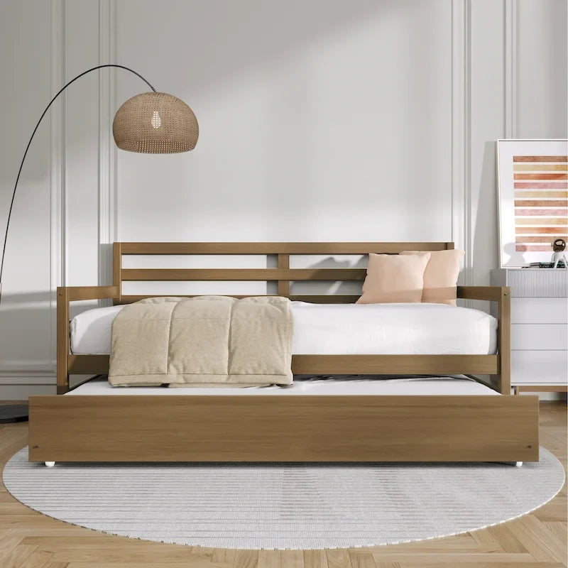 Lit de repos double en bois rustique avec lit gigogne