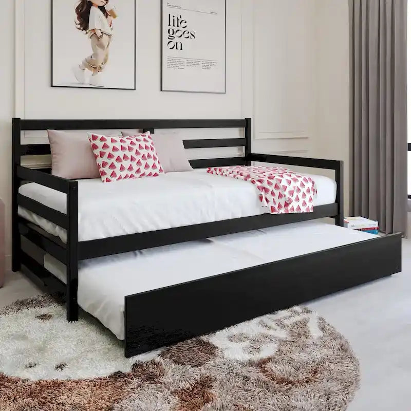 Lit de repos double en bois rustique avec lit gigogne
