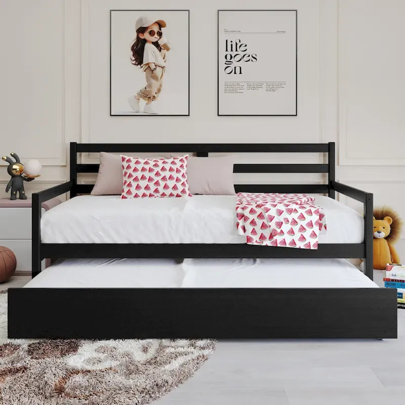 Lit de repos double en bois rustique avec lit gigogne