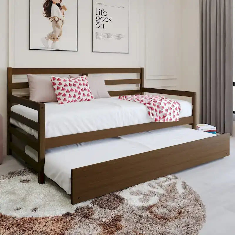 Lit de repos double en bois rustique avec lit gigogne