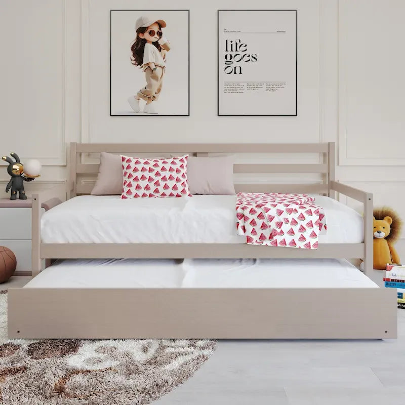 Lit de repos double en bois rustique avec lit gigogne