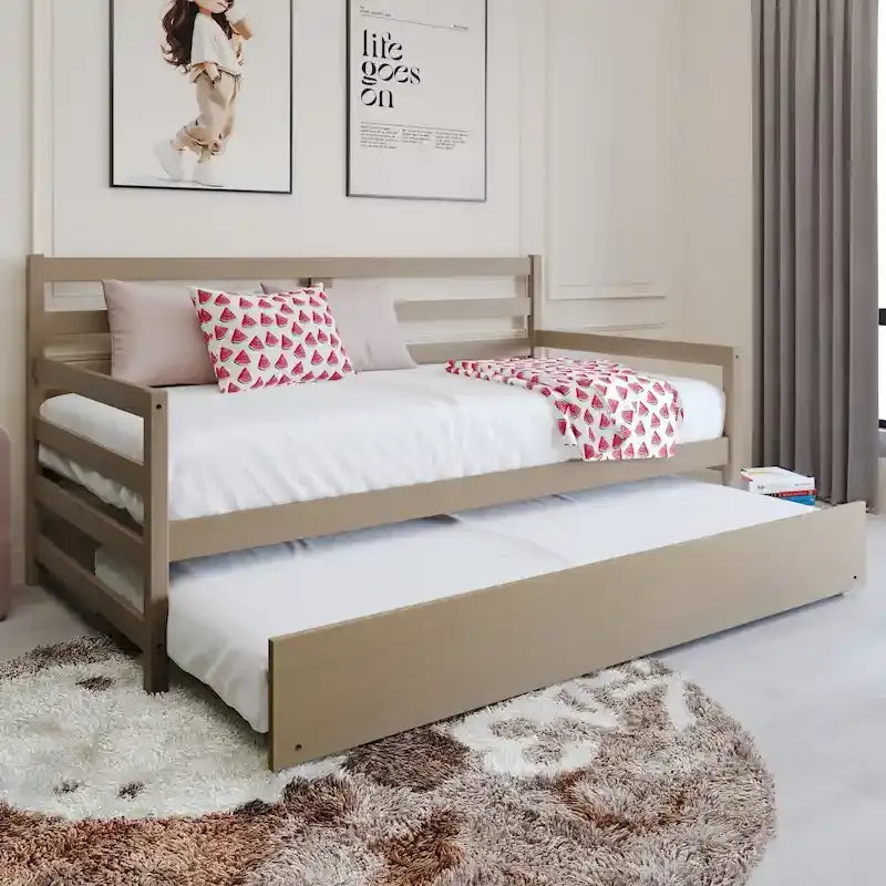 Lit de repos double en bois rustique avec lit gigogne