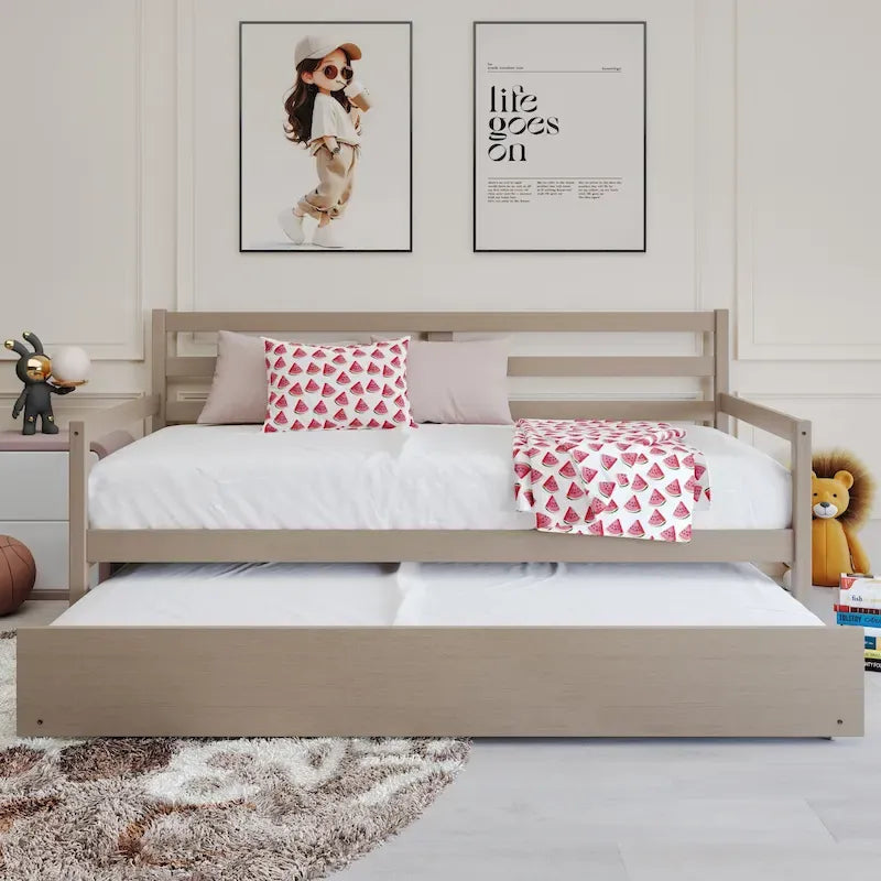 Lit de repos double en bois rustique avec lit gigogne