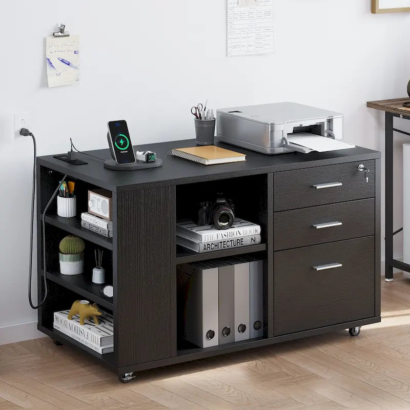 Meuble Classeur en Bois avec Station de Charge Classeur Latéral Mobile Verrouillable Compatible avec les Dossiers de Taille A4 Lettre Légal