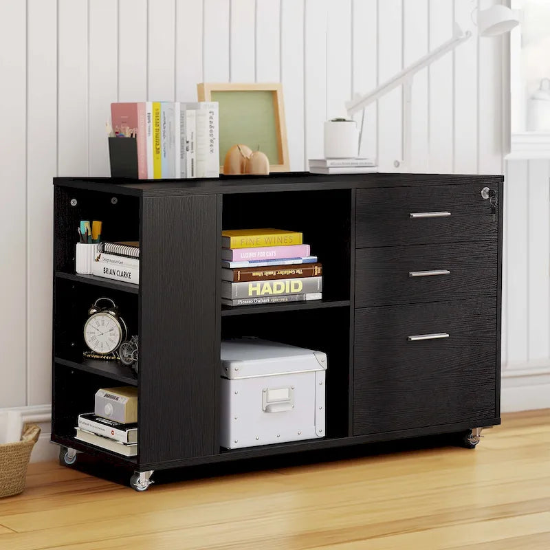 Meuble Classeur en Bois avec Station de Charge Classeur Latéral Mobile Verrouillable Compatible avec les Dossiers de Taille A4 Lettre Légal