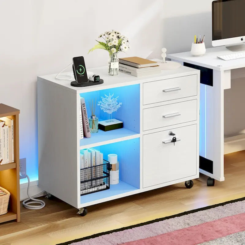 Meuble Classeur en Bois avec Station de Charge Classeur Latéral Mobile Verrouillable Compatible avec les Dossiers de Taille A4 Lettre Légal