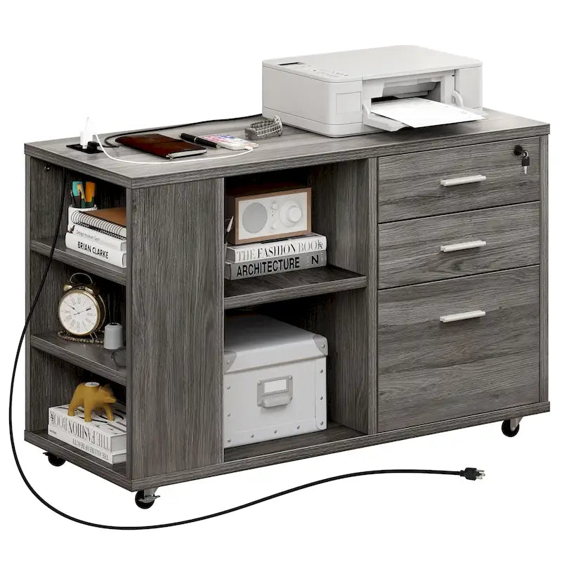 Meuble Classeur en Bois avec Station de Charge Classeur Latéral Mobile Verrouillable Compatible avec les Dossiers de Taille A4 Lettre Légal