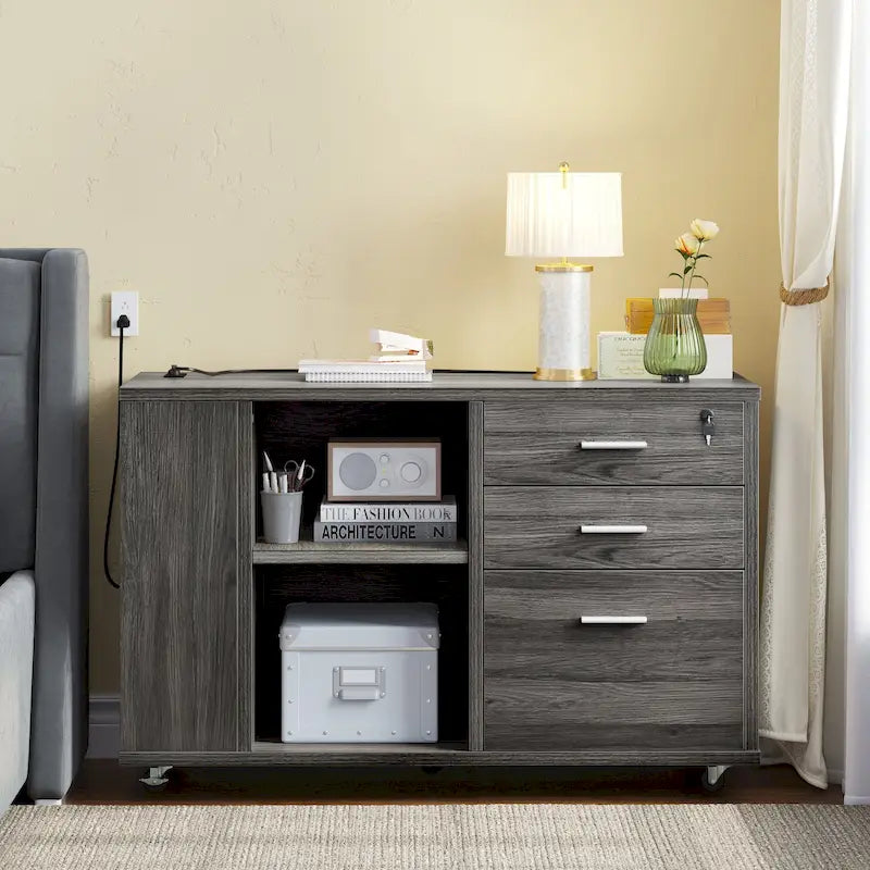 Meuble Classeur en Bois avec Station de Charge Classeur Latéral Mobile Verrouillable Compatible avec les Dossiers de Taille A4 Lettre Légal