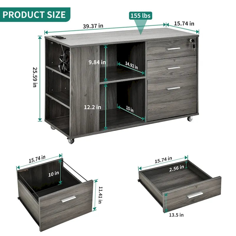 Meuble Classeur en Bois avec Station de Charge Classeur Latéral Mobile Verrouillable Compatible avec les Dossiers de Taille A4 Lettre Légal