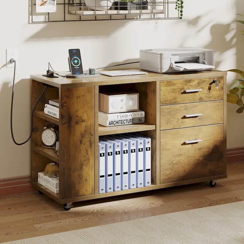 Meuble Classeur en Bois avec Station de Charge Classeur Latéral Mobile Verrouillable Compatible avec les Dossiers de Taille A4 Lettre Légal
