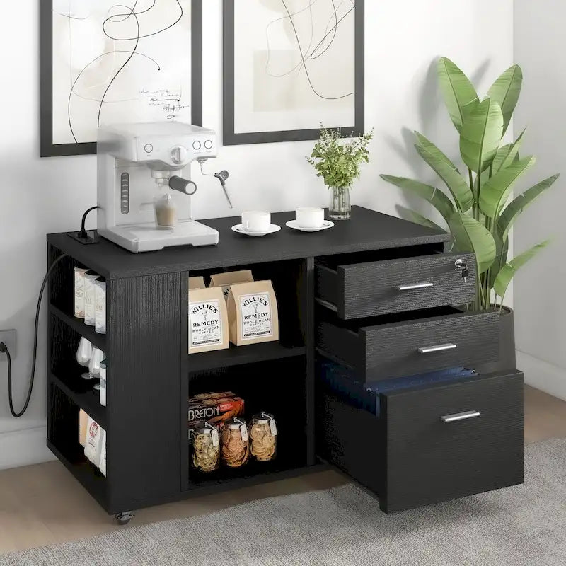Meuble Classeur en Bois avec Station de Charge Classeur Latéral Mobile Verrouillable Compatible avec les Dossiers de Taille A4 Lettre Légal
