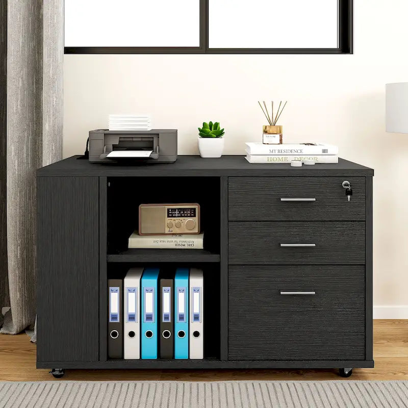 Meuble Classeur en Bois avec Station de Charge Classeur Latéral Mobile Verrouillable Compatible avec les Dossiers de Taille A4 Lettre Légal