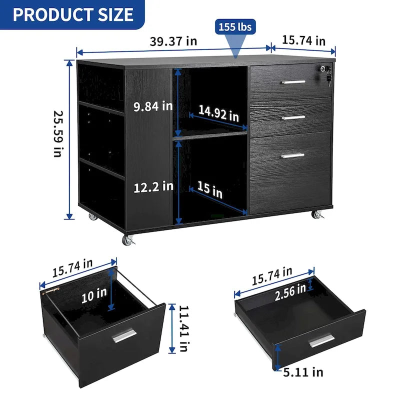 Meuble Classeur en Bois avec Station de Charge Classeur Latéral Mobile Verrouillable Compatible avec les Dossiers de Taille A4 Lettre Légal