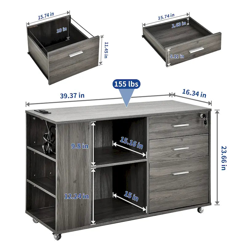 Meuble Classeur en Bois avec Station de Charge Classeur Latéral Mobile Verrouillable Compatible avec les Dossiers de Taille A4 Lettre Légal