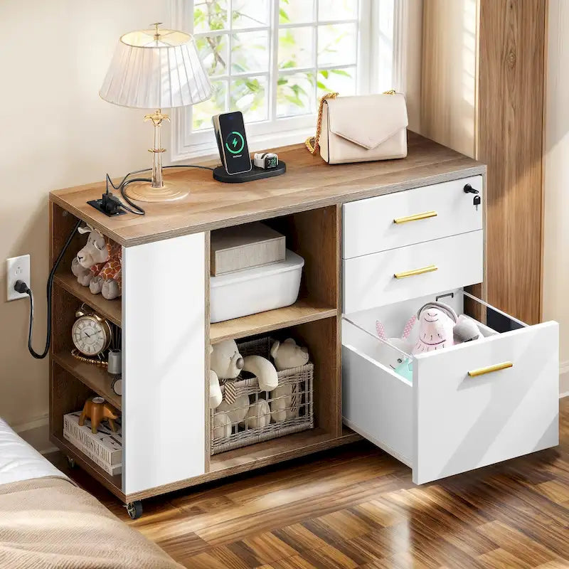 Meuble Classeur en Bois avec Station de Charge Classeur Latéral Mobile Verrouillable Compatible avec les Dossiers de Taille A4 Lettre Légal