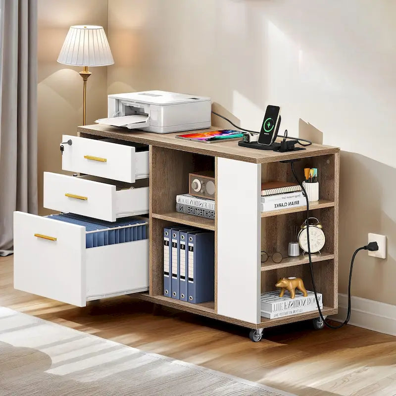 Meuble Classeur en Bois avec Station de Charge Classeur Latéral Mobile Verrouillable Compatible avec les Dossiers de Taille A4 Lettre Légal
