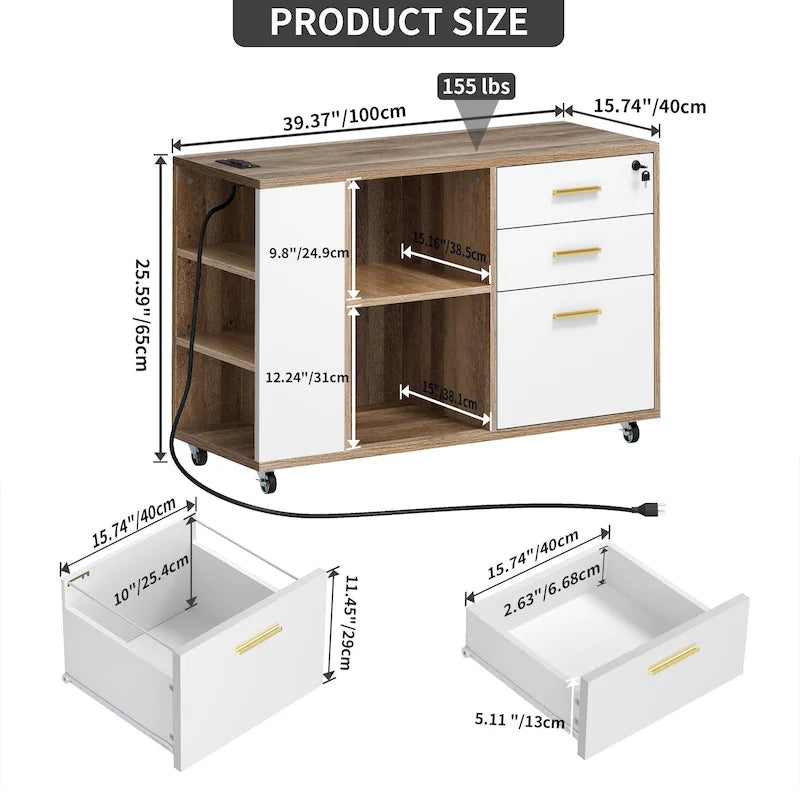 Meuble Classeur en Bois avec Station de Charge Classeur Latéral Mobile Verrouillable Compatible avec les Dossiers de Taille A4 Lettre Légal