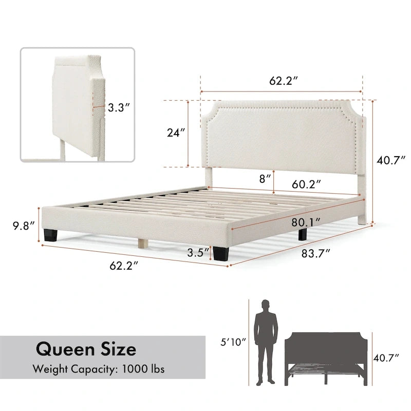 Lit plateforme queen réglable Gail Modern White Boucle