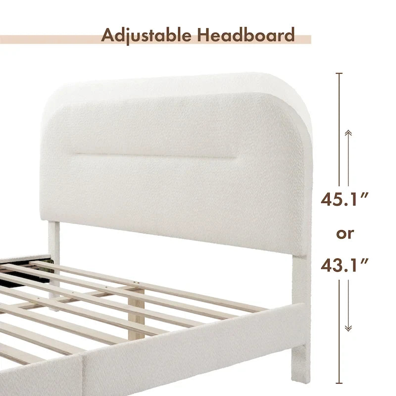 Lit plateforme queen réglable Gail Modern White Boucle
