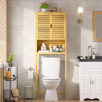 Meuble de rangement pour salle de bain en bambou avec étagère réglable et portes doubles, à placer au-dessus des toilettes