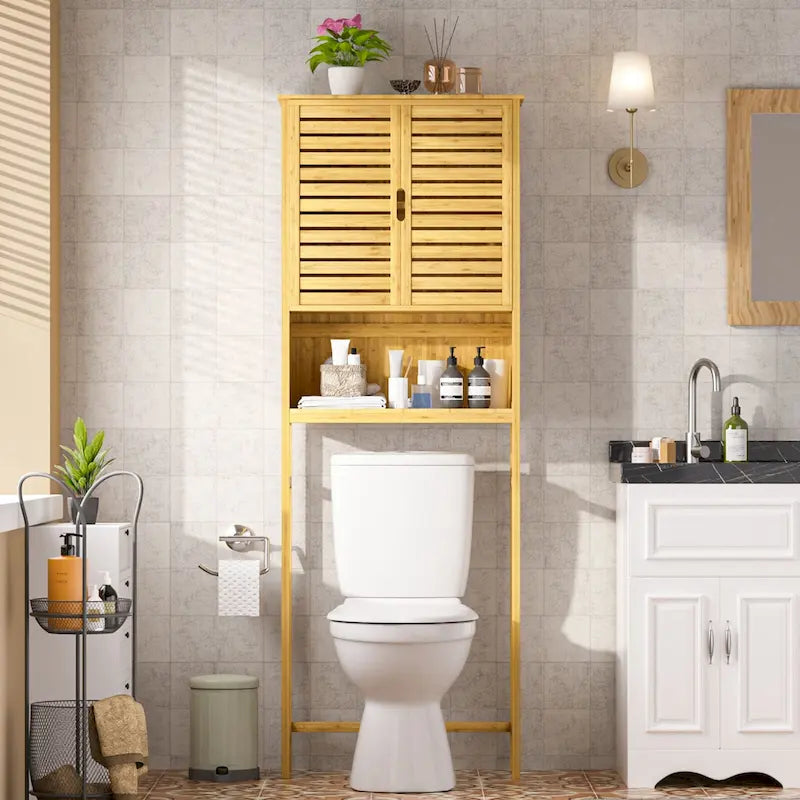 Meuble de rangement pour salle de bain en bambou avec étagère réglable et portes doubles, à placer au-dessus des toilettes