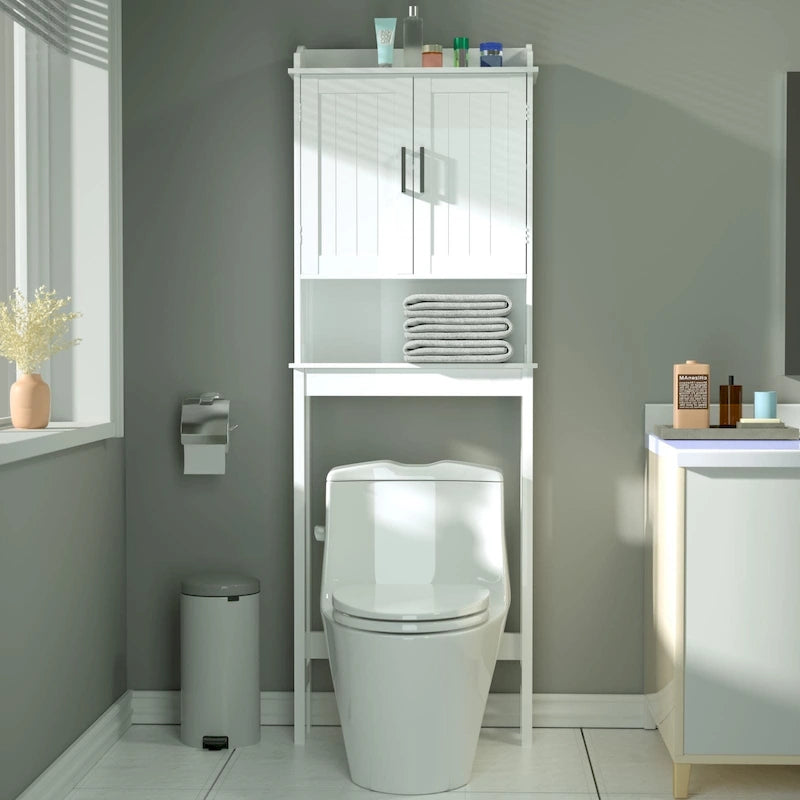 Meuble de rangement pour salle de bain en bambou avec étagère réglable et portes doubles, à placer au-dessus des toilettes