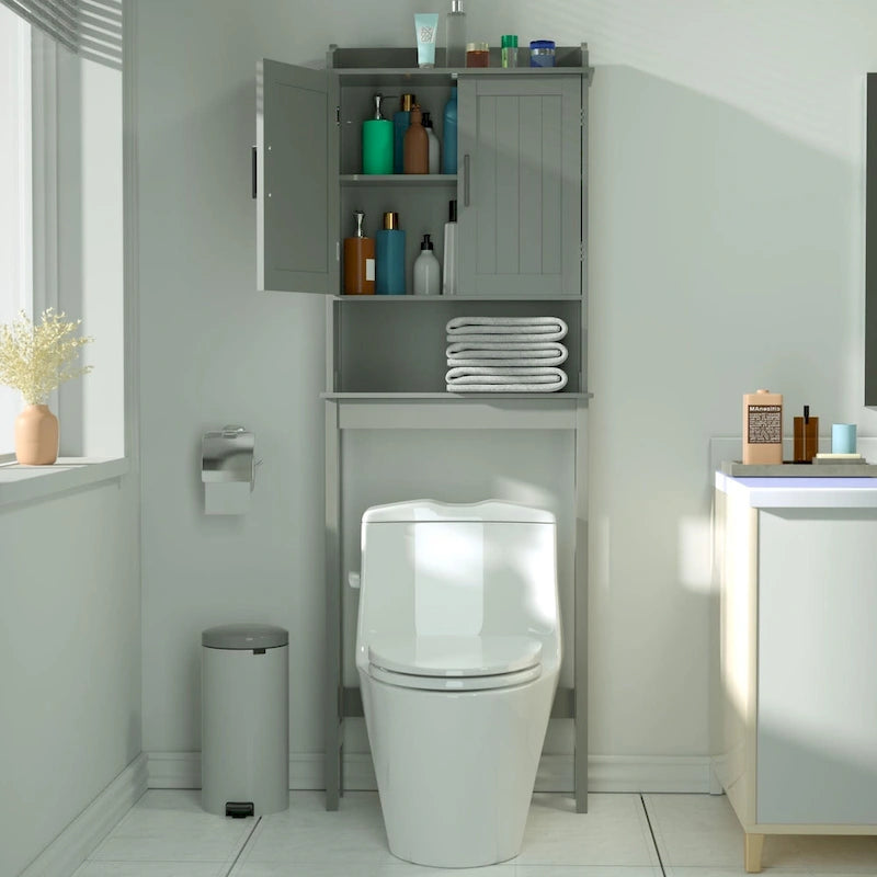 Meuble de rangement pour salle de bain en bambou avec étagère réglable et portes doubles, à placer au-dessus des toilettes
