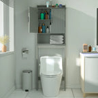 Meuble de rangement pour salle de bain en bambou avec étagère réglable et portes doubles, à placer au-dessus des toilettes