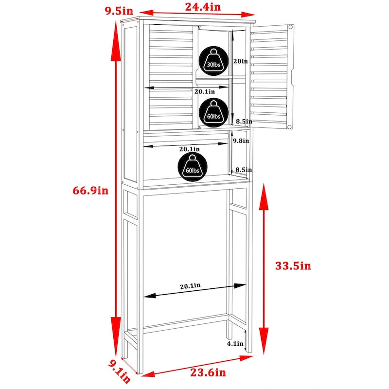 Meuble de rangement pour salle de bain en bambou avec étagère réglable et portes doubles, à placer au-dessus des toilettes